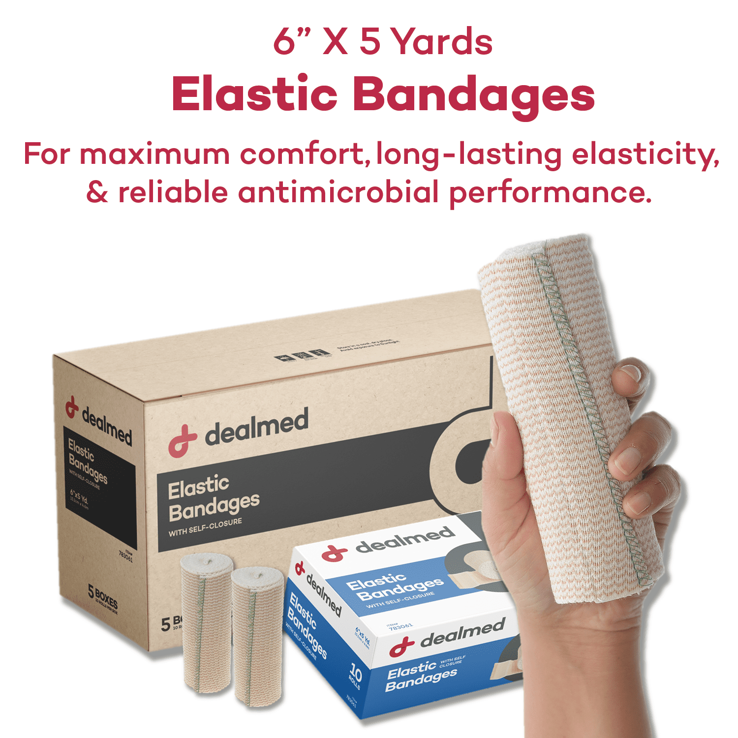 Dealmed 6" Elastic Bandage Wrap with Self-Closure, Comfort Compression Roll, 5 Yards Stretched (Case of 50)