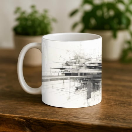 Architectural Sketch Coffee Mug, Blueprint Design, Architect Gift, Modern Ceramic Cup, Drafter Student Present.
