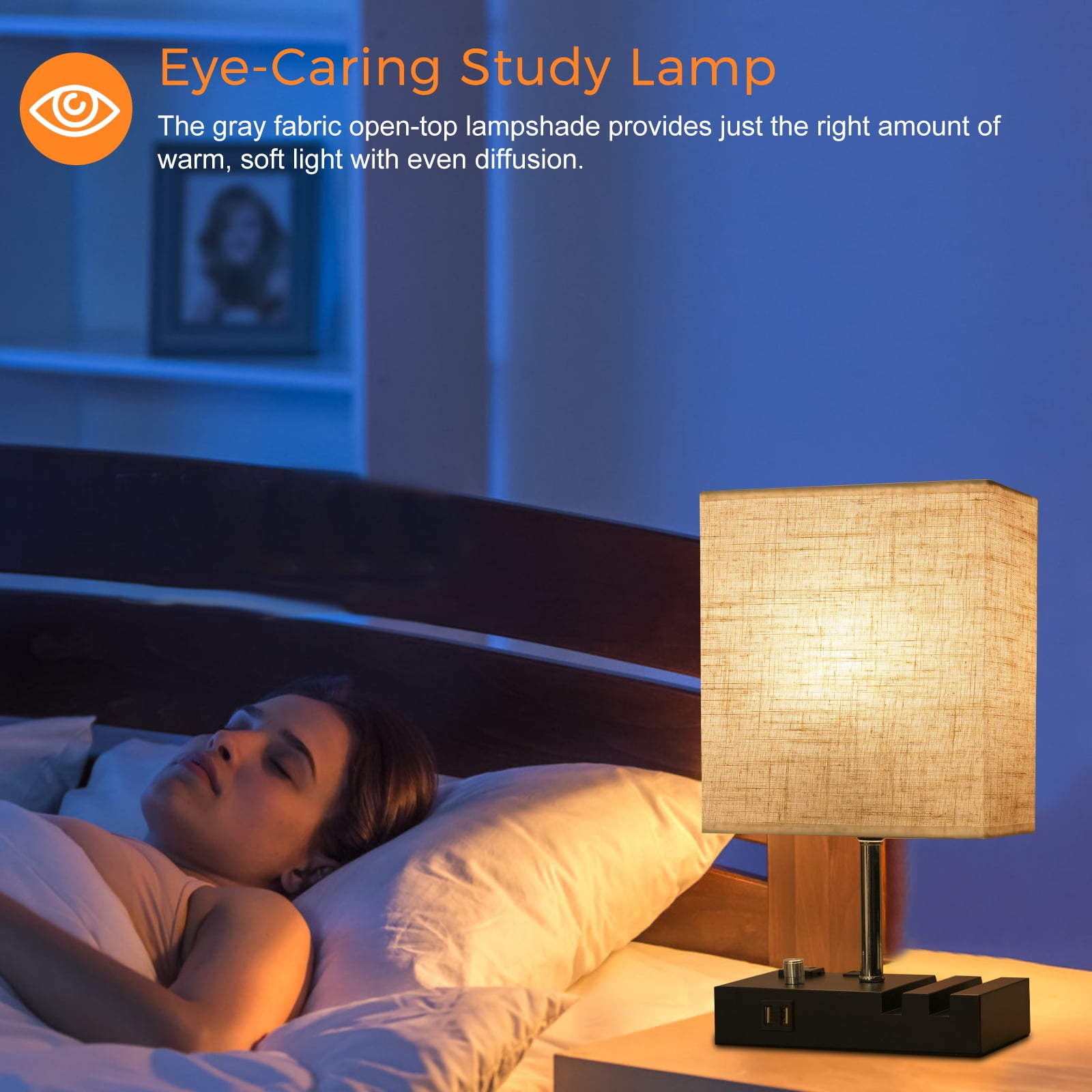 Neoglint Fabric Bedside Table Lamp Nightstand Lamp Touch Control Wireless Charger USB A Type-C Charging Ports with Phone Holder for Living Room