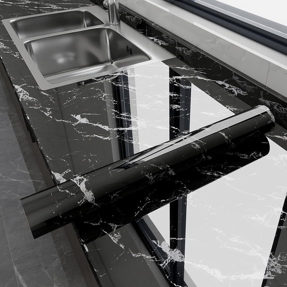 Glossy Marble Contact Paper for Countertops Peel and Stick Wallpaper Self-Adhesive Removable Waterproof Vinyl for Kitchen Cabinets Backsplash Furniture Black 17.7"x78.7"