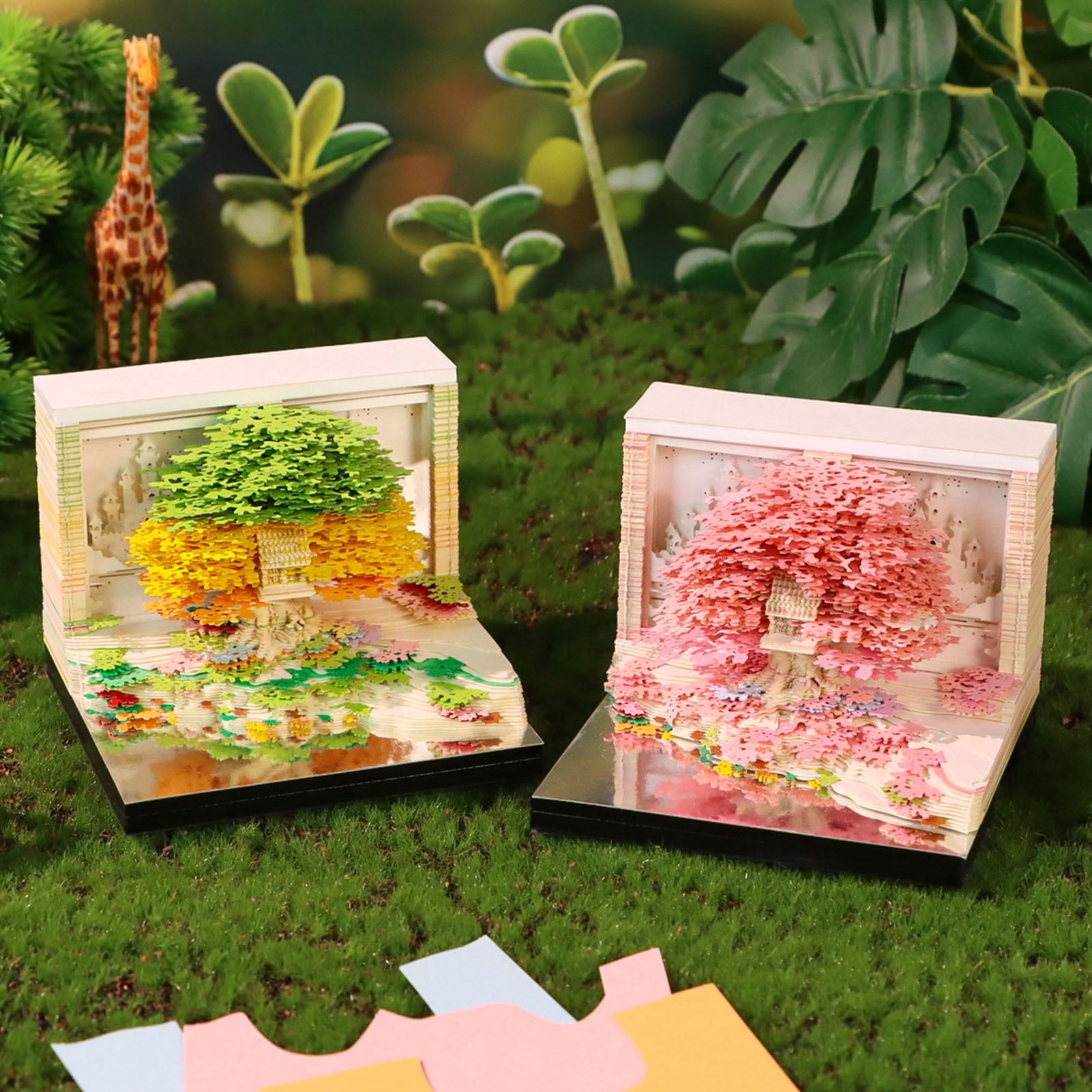 Rupoun 3D Notepad Flower Sea Tree Island Paper Carving Art 3D Art Memo Pad with 2026 Calendar for Desktop Ornament Green 3.3x3.3x2.7 inches / 8.5x8.5x6.8 cm