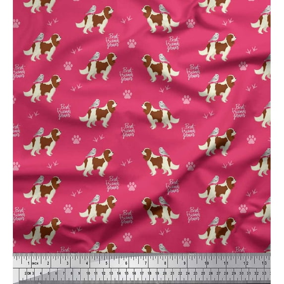 Soimoi Pink Cotton Voile Fabric Bird,Paw & Cocker Spaniel Dog Printed Craft Fabric by the Yard 56 Inch Wide