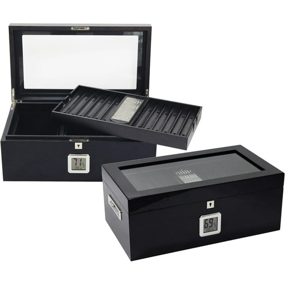 Prestige Import Group Raven Triple Black Lacquer Cigar Humidor with Black Interior & Polished Hardware - Holds up to 120 Capacity