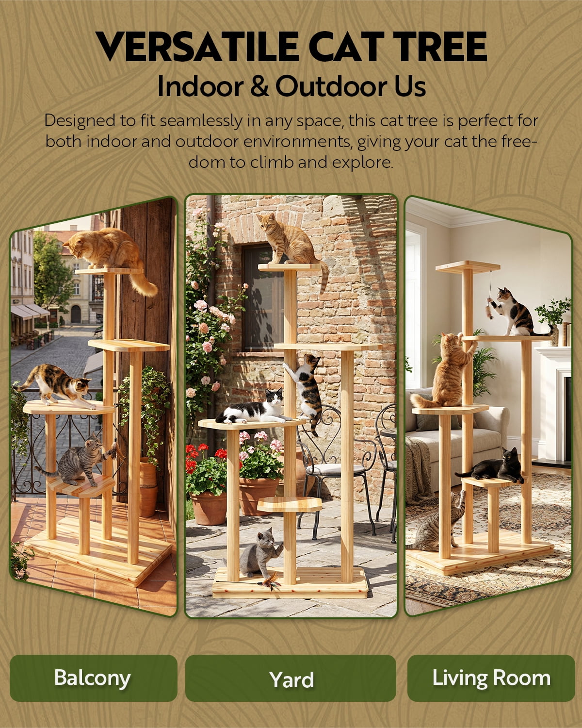 LAZZO 4-Tier Wooden Cat Tree, Multi-Level Cat Tower for Climbing, Resting & Scratching, Natural Wood