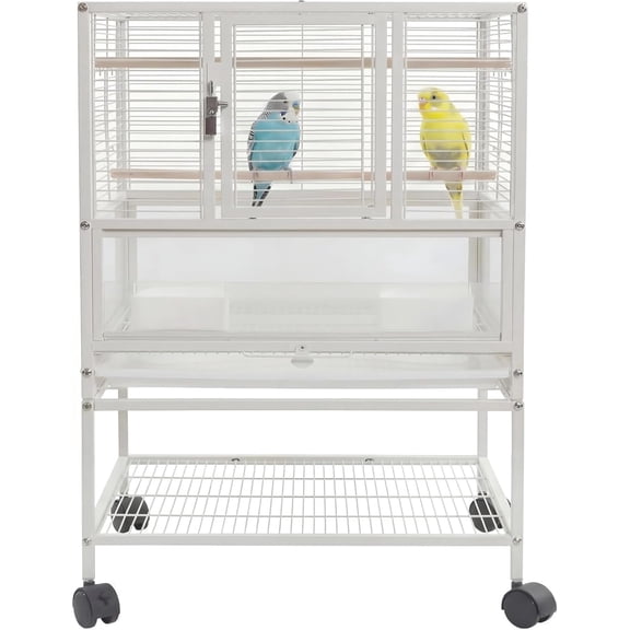 33-in H x 19-in W x 18-in D Wrought Iron Bird Carrier Cage with Rolling Stand Storage Shelf and Slide-Out Tray White