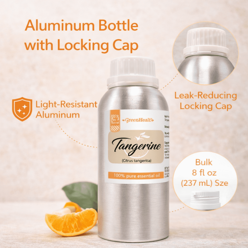 GreenHealth Tangerine Essential Oil – 8 fl oz (237 mL) – 100% Pure & Undiluted – Aluminum Bottle with Locking Cap – Premium Citrus Oil for Diffuser, Candle Making, Soap, Aromatherapy & DIY