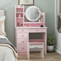 OXYLIFE Vanity Set with Lighted Mirror, Girls Makeup Vanity Table with 5 Drawers, Shelves and Stool, Pink