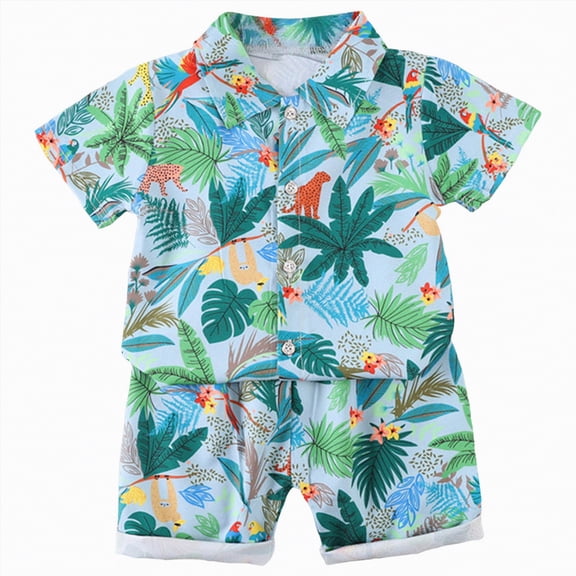 HCNTES Toddler Baby Boy Summer Outfits Tropical Jungle Animal Print Button Down Shirt and Shorts 2-Piece Set Toddler Boy Beach Vacation Clothes