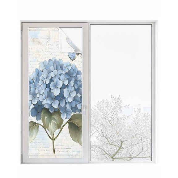 Window Privacy Film Blue Hydrangea Retro Stained Glass Window Film Decorative Sun Block Window Cover VintageBotanical Floral Blossom Window Clings Static Adhesive Sticker for Bathroom 23.6"x59"
