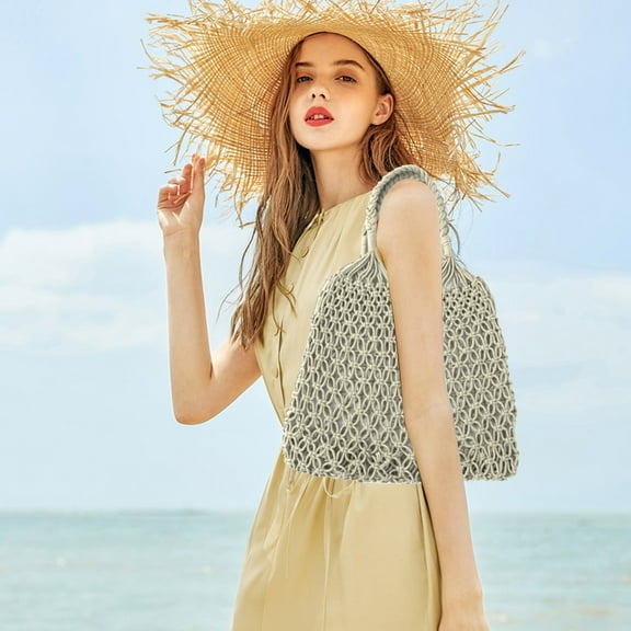 Vadktai Cotton Rope Travel Beach Fishing Net Handbag, Shopping Woven Shoulder Bag for Women Girls