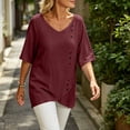 thumbnail image 6 of Yrmaups Loose Fit Short Sleeve T Shirt for Women, Casual V Neck Blouse, Soft Stretch Button Down Tee for Beach Travel Office Daily Wear, Wine XL, 6 of 8