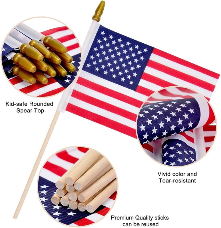 12 Pack 5x8 Inch Small American Flags on stick, Mini Hand Held Flags,Perfect Independence Day, 4th of July, Memorial Day,Patriotic Holiday Yard Patio Decorations