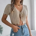 thumbnail image 6 of Womens Crop Cardigans Casual Crochet Lightweight Tie Front Short Sleeve Tops Ladies Sexy Solid Trendy Hollow Out Cardigan Cropped Top Christmas Gifts, 6 of 8