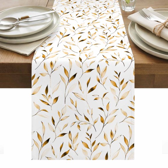 Yellow Brown Leaf Table Runner - 48 Inch Long, Kitchen Dining Table Runner Dresser Scarves, Modern Botanical Foliage Plant Country Farmhouse Decor for Coffee Tables Wedding Party Banquet