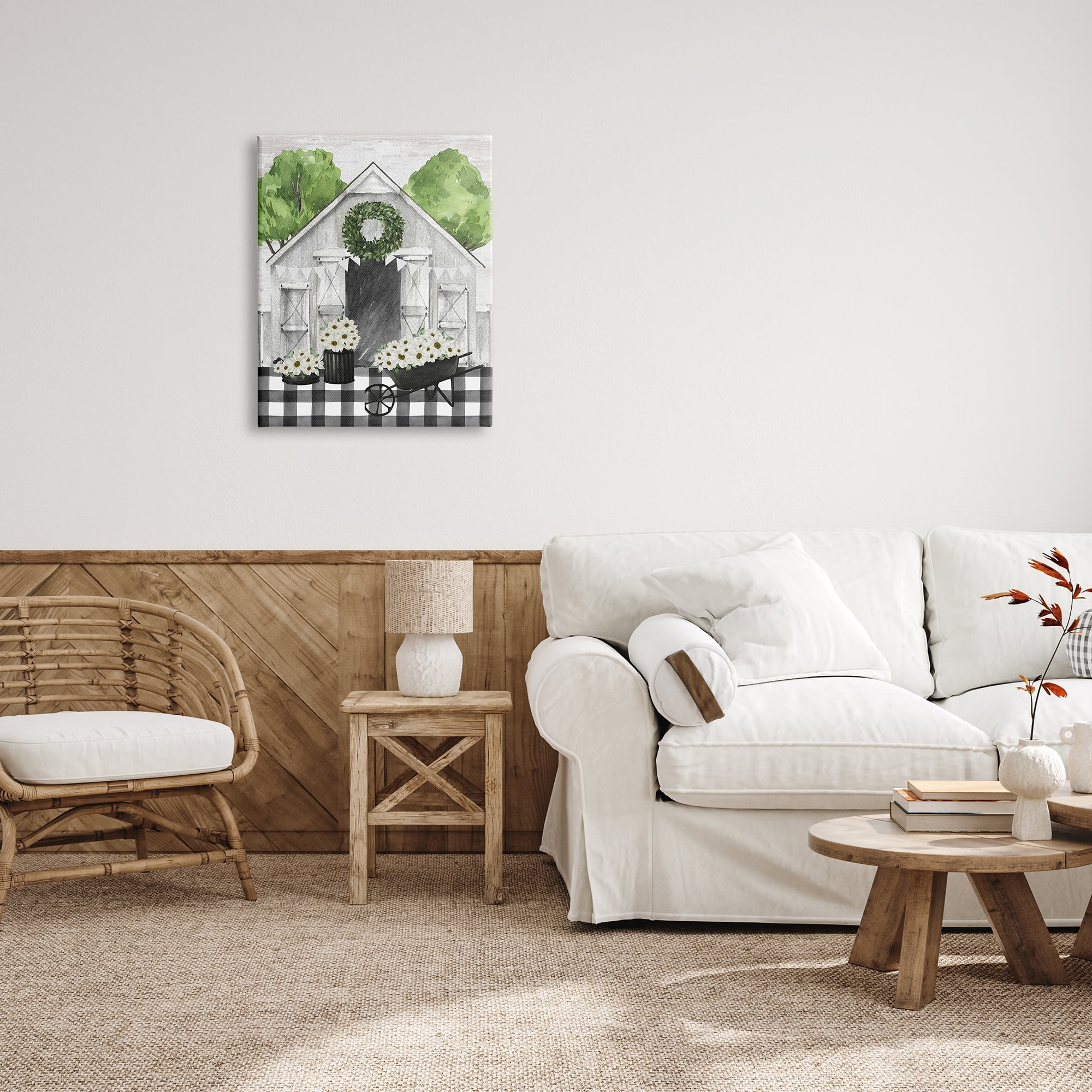 Stupell Industries Plaid Barn with Floral Wagon Botanical & Floral Painting Gallery Wrapped Canvas Art Print Wall Art, 24 x 30