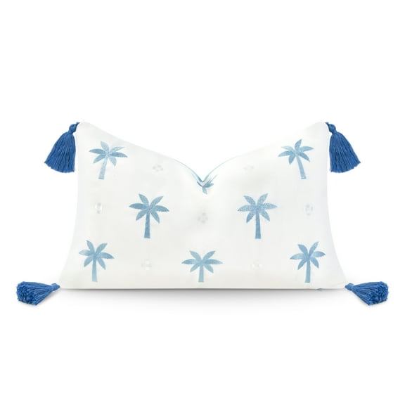 Hofdeco Premium Coastal Hampton Style Patio Indoor Outdoor Lumbar Pillow Cover Only, 12"x20" Water Resistant for Backyard, Couch, Baby Blue Embroidered Palm Tree Tassel
