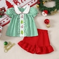 thumbnail image 2 of Ruiwill Girl Outfit Set Toddler Christmas Short Sleeve Cartoon Prints Plaid T Shirt Tops Ruffles Shorts Outfits Crew Neck Girl Clothes Green Size 6-12 Months, 2 of 7