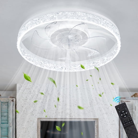 HKMGT 18.9" Crystal Ceiling Fan with Light, 6-Speed AC Motor, Dimmable LED, Remote, White for Bedroom Living Room