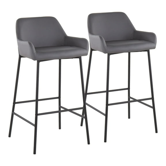 Daniella Industrial Fixed-Height Bar Stool In Black Metal And Grey Faux Leather - Set Of 2