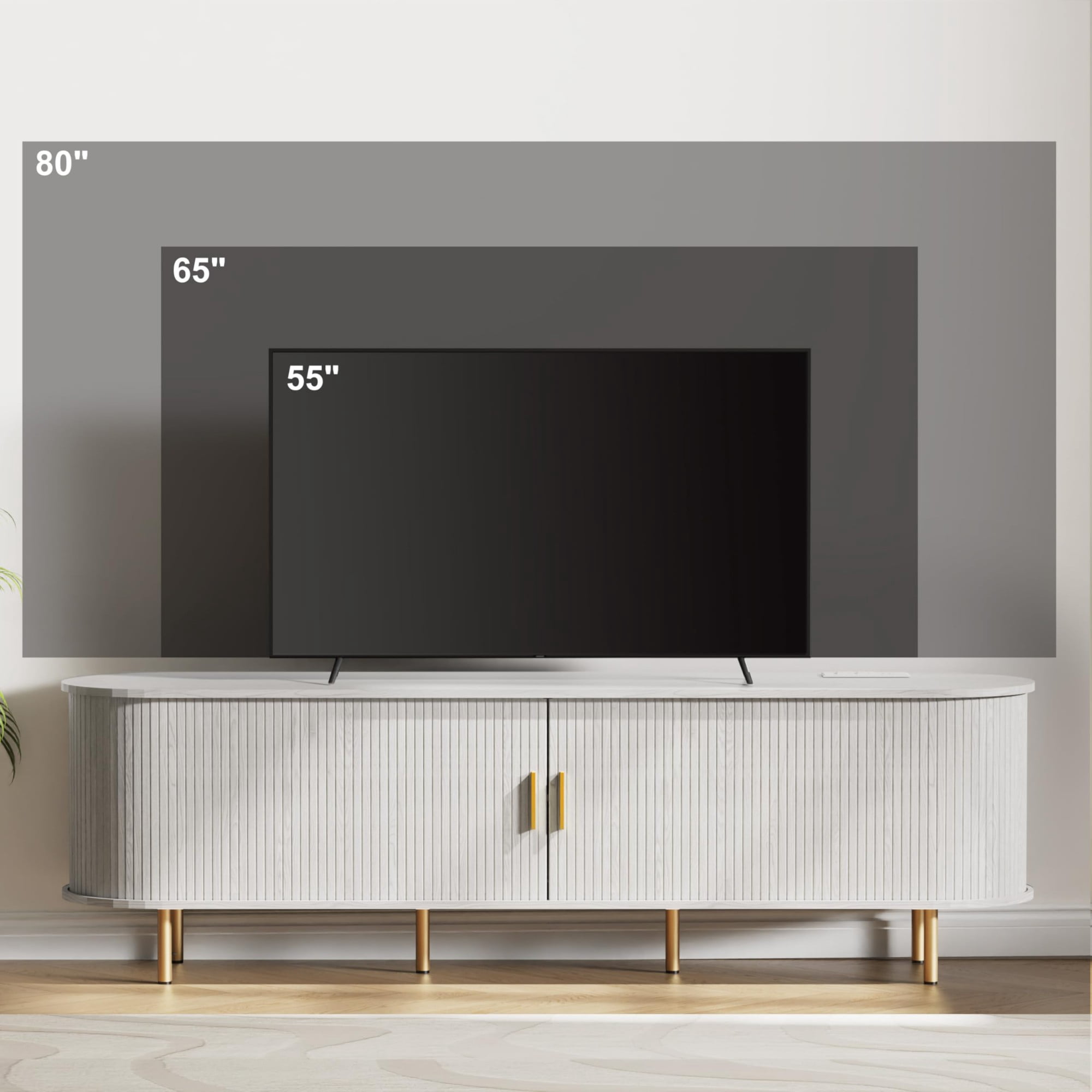 70.8 Inch Mid Century Modern TV Stand with Power Outlet, Fluted Media Console with Sliding Doors for TVs up to 80 Inch, White