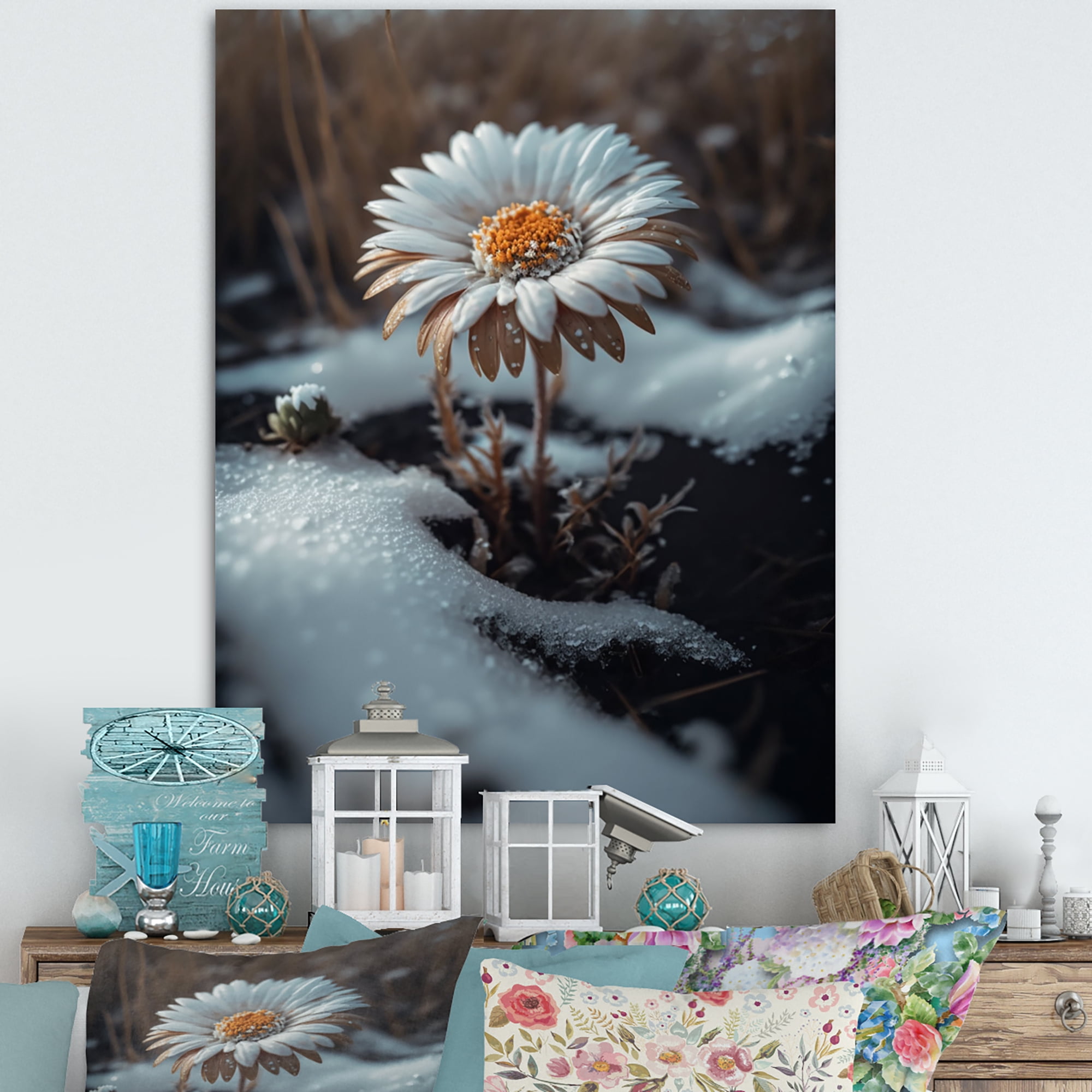 Designart A Blooming White Daisy Flower In Winter Canvas Wall Art