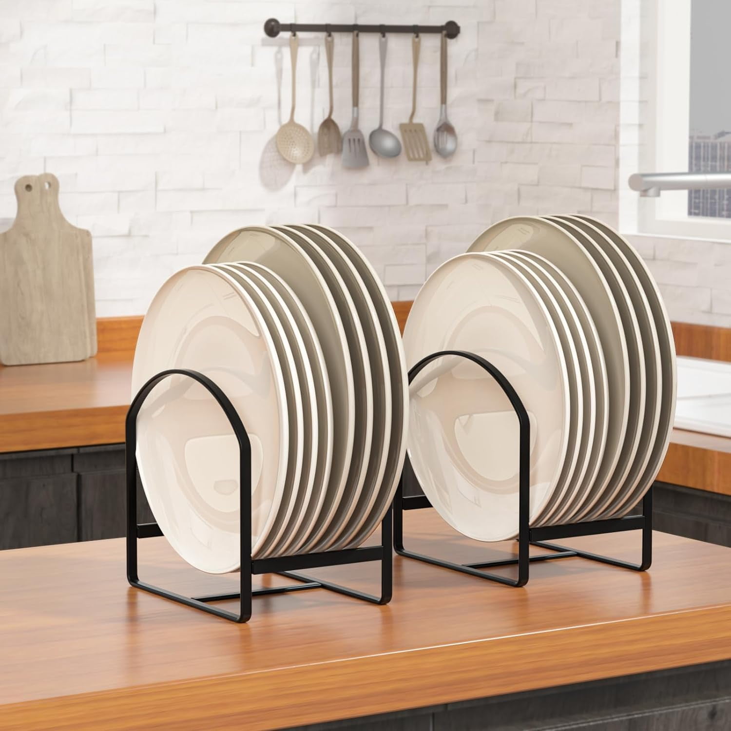SUNFICON 4 Pack Plate Holder Organizer Large Dish Storage Rack Upright Dish Drying Racks Metal Plate Dish Racks Stand for Cupboard and Countertop-Non-Slip & Rustproof Black,2 Large and 2 Small