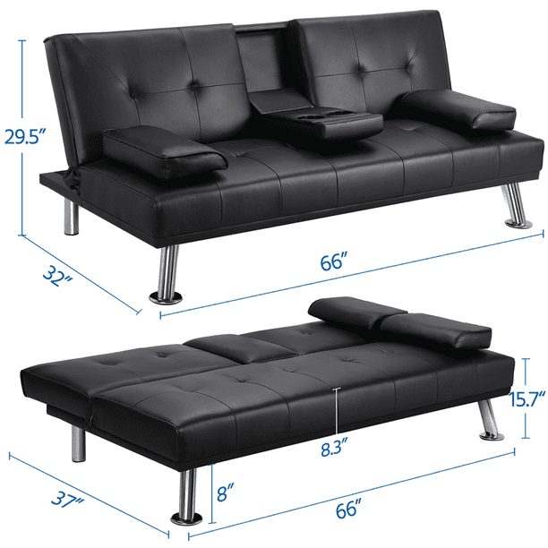 Yaheetech Modern Faux Leather Futon Sofa Bed with Armrest, Black