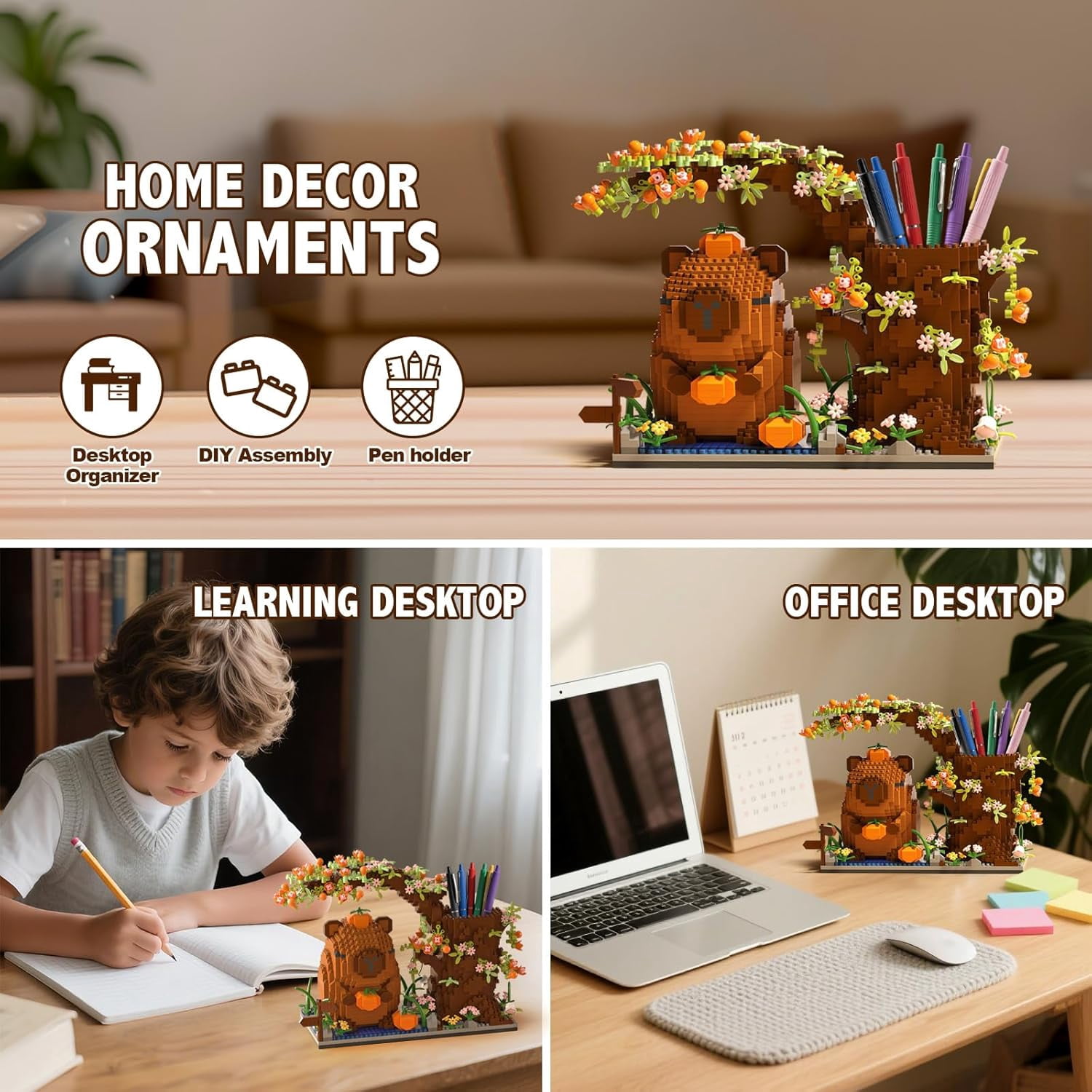 1880PCS Capybara Building Blocks Kit，Cute Animal Floral Desk Organizer Pen Holder for 8+ Kids Teens Adults