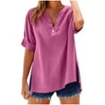 thumbnail image 3 of Baikeli Linen Shirt for Women V Neck Short Sleeve Side Slit Tops Trendy Casual Summer Blouses Rebajas Hoy Liquidación Hot Pink XL, 3 of 8