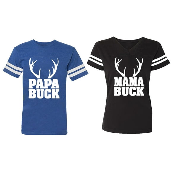 Papa Mama Buck Matching Couple Cotton Jerseys (Men Royal / Women Black) (Men S / Women S)