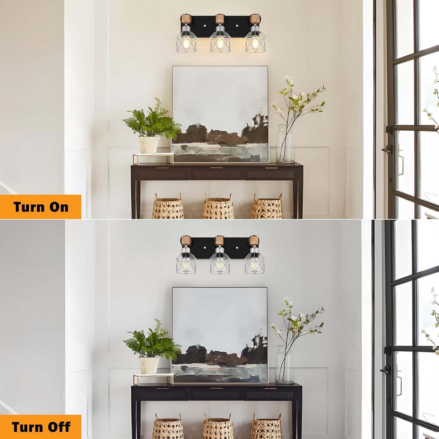3-Light Wood Bathroom Light Fixtures Over Mirror, Rustic Black Silver Famhourse Sconces Wall Decor with Elegant Metal Lampshade for Living Room, Bedroom, Porch