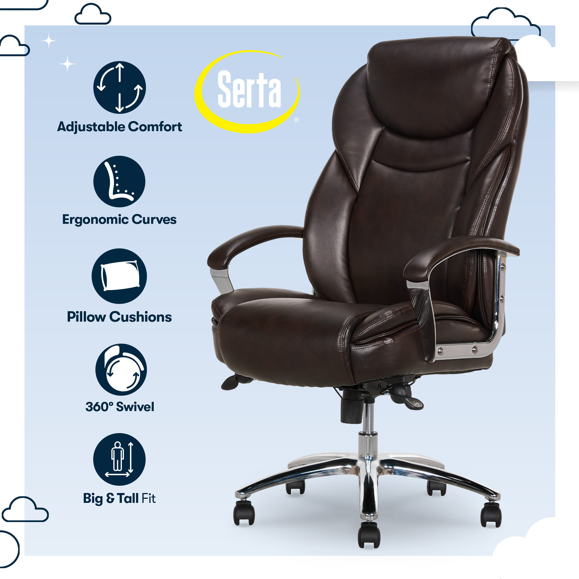 Serta Big & Tall High Back Office Chair, Heavy Duty Weight Rating, Brown Bonded Leather Upholstery - image 2 of 14