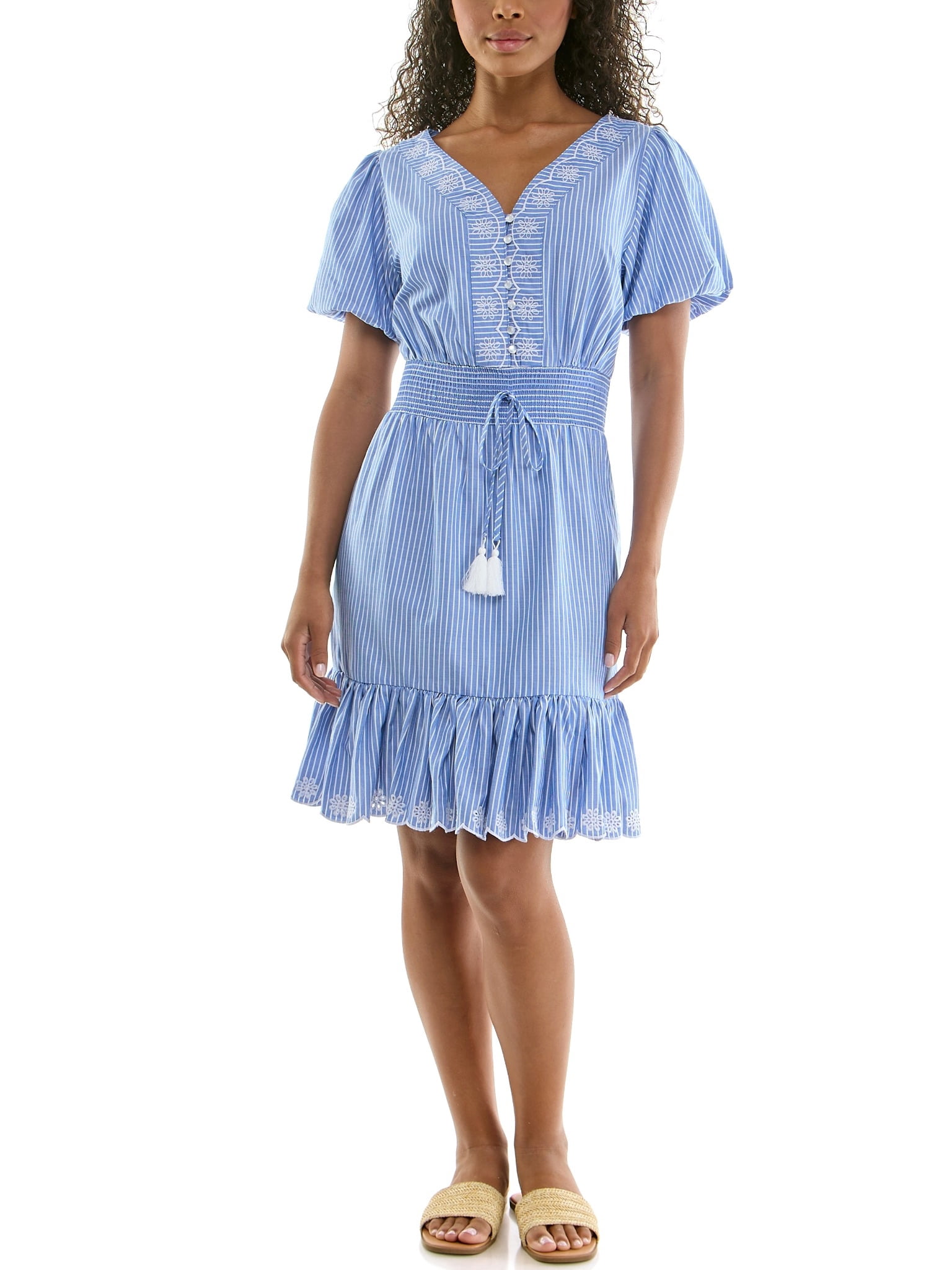 Split Neck Embroidered Poplin Dress