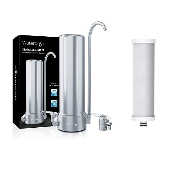 Waterdrop Countertop Filter System, 5-Stage Stainless Steel Countertop Filter, 8000 Gallons Faucet Water Filter, Reduces Heavy Metals, Bad Taste and Up to 99% of Chlorine & Replacement Filter