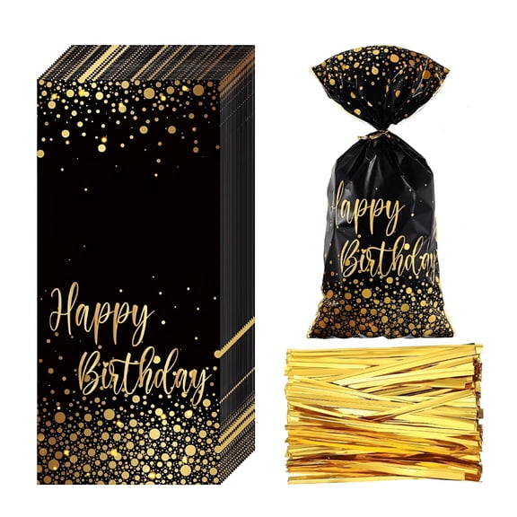 CCOCC 100 Pcs Happy Birthday Bags Small Black Gold Cellophane Treat Dot Goodie Party Favor Candy Bags with 100 Golden Twist Ties Cookie Packaging for Birthday Party Supplies