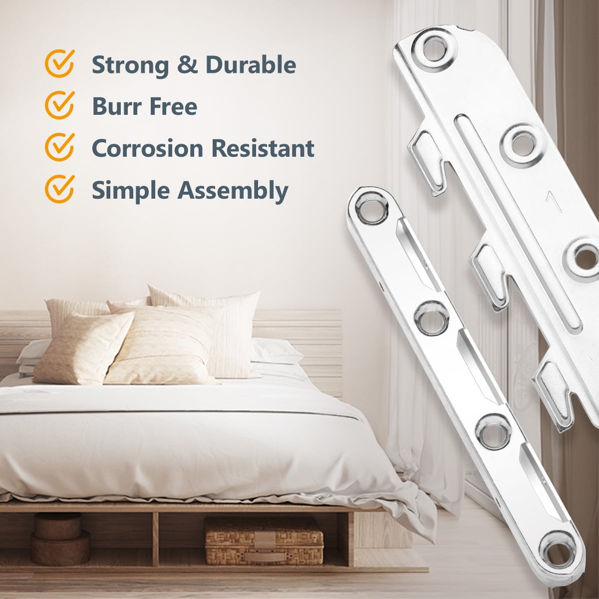 POWERTEC 8 Set Surface Mounted Bed Rail Brackets, Bed Frame Fasteners Hardware with Mounting Screws, Bed Rail Hooks for Wood Bed Frame, Silver, 71425-P2