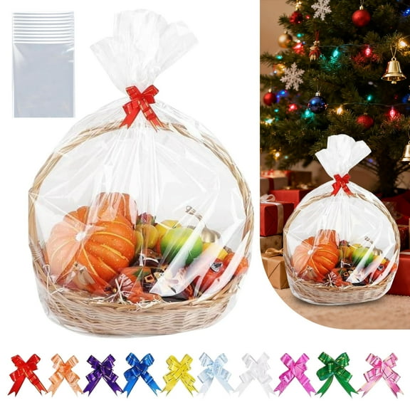 Cellophane Bags,10PCS Extra Large Cellophane Bags Includes 10Pcs Colorful Bows,20x27.5 Inches Clear Cellophane Wrap for Gift Baskets,Clear Gift Bags for Thanksgiving,Christmas,Party Favors Packaging