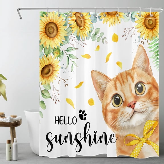HVEST Sunflower Spring Shower Curtain, Funny Cute Orange Cat Flower Shower Curtain - Yellow Floral Bathroom Decor, Waterproof Polyester Fabric, Includes 10 Hooks, 60x72 Inches