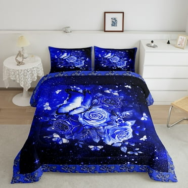 Erosebridal Blue Butterfly King Bedding Sets,Galaxy Blue Rose Comforter Set For Teen Women,Glitter Stars Floral Botanical Duvet Insert,Boho Hippie Animal Quilt Bedding Black 2 Pillow Cases