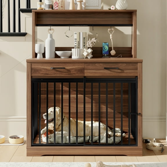 38" Dog Crate Furniture, Heavy Duty Dog Cage Table with 2 Storage Drawers and Shelves, Side End Table with Sliding Door for Dogs Indoor, Brown