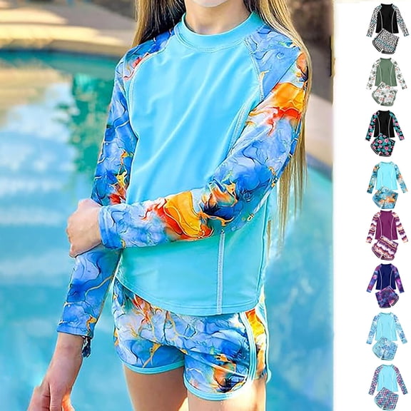 RTKFRFLM Girls 2-Piece Swimsuit Set Long Sleeve Rash Guard and Active Shorts Outfit Pink 4-5 Years