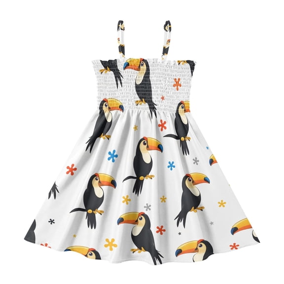 Toucan Pattern Girls' Casual Dresses 2Y-8Y Sleeveless Ruffle Neck for Summer Daily Wear