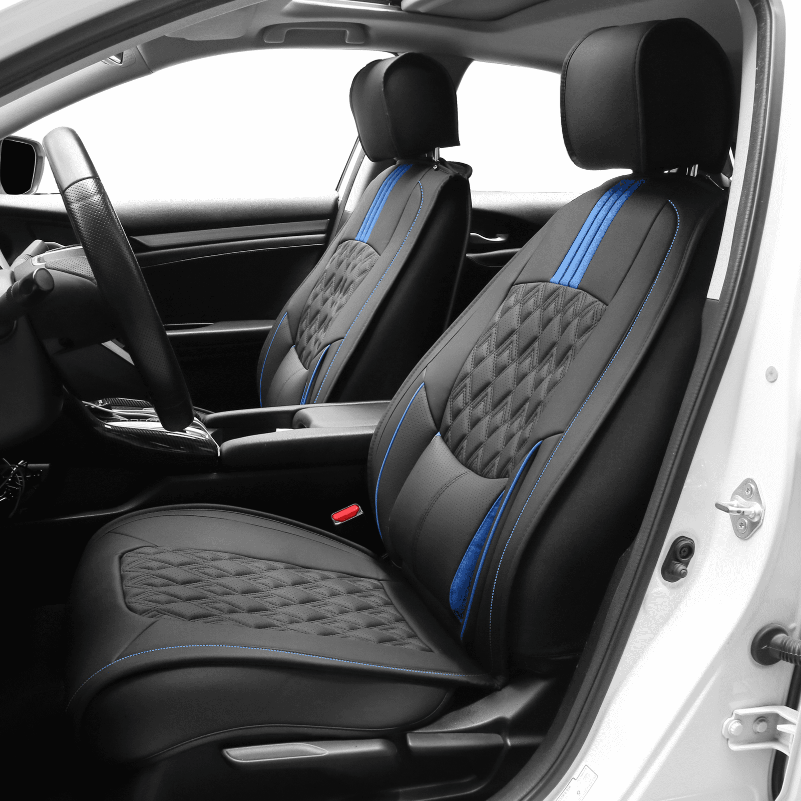 Ikon Motorsports Seat Covers w/ Lumbar Compatible with 2016-2021 Honda Civic Black&Blue PU Leather 5 Seats Seat Cover Cushion Protectors With Pocket