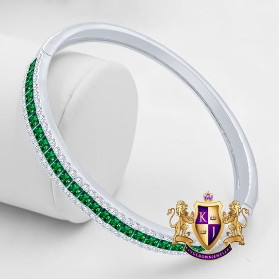 6.75CT Emerald Green Princess & Round Cut Diamond Real Genuine Sterling Silver Luxury Bangle Bracelet 14K White Gold Over