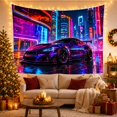 thumbnail image 3 of Purple Sports Car Beneath Neon Skyscrapers, Dramatic Digital Art for Vehicle Fans, City Night Decor, Housewarming Gift, Tapestry Wall Hanging for Gaming Room and Studio, 3 of 7