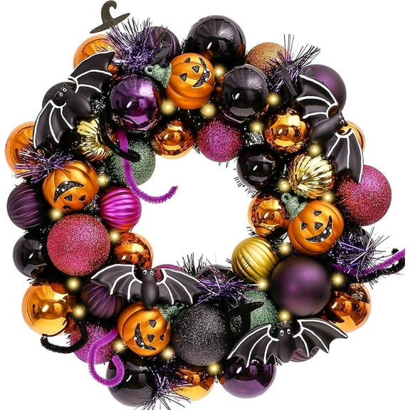 Valery Madelyn Halloween Decorations Indoor for Home, Pre-Lit Pumpkin Ball Wreath with 60ct Shatterproof Treat-or-Trick Ornaments for Centerpiece Wall Front Door, 12 Inch