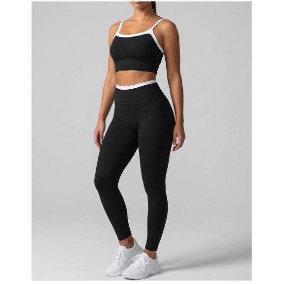 PISONIC Women 2 Piece Two-Piece Contrast Trim Yoga Set, Double Strap Square Neck Padded Sports Bra & High Waist Butt Lifting Full Length Leggings, Workout Gym Activewear Outfit