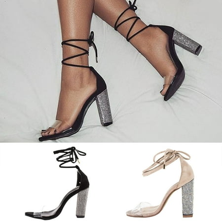 

Fesfesfes Sandles Strappy Sandals Women s Sexy Transparent Suede Strap Rhinestone High Heel Open Toe Sandals 6(37)