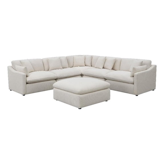 Benjara Hobo 6pc Modular Sectional Sofa- Ivory Fabric- 10 Pillows- 120"