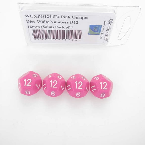Pink Opaque Dice with White Numbers D12 Aprox 16mm (5/8in) Pack of 4 Wondertrail